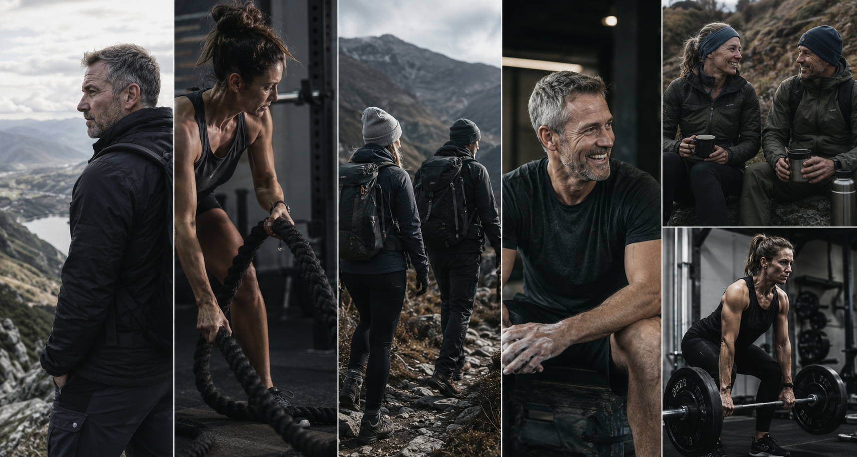 Collage of people exercising outdoors with mountains in the background