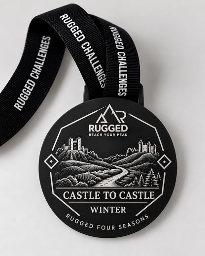 Black Castle to Castle winter finisher medal with RUGGED Challenges ribbon, part of RUGGED Four Seasons.